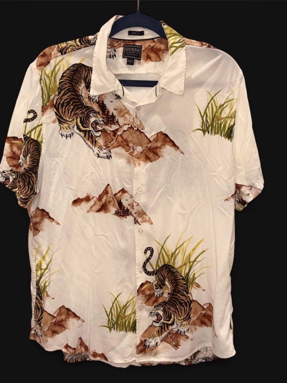 GUESS White Short-Sleeve Button-Up with Brown Tiger Print